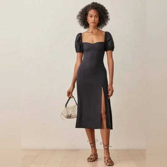 Reformation Black Linen Denver Midi Dress - Picture 1 of 8
